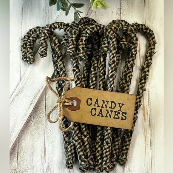 handmade Other - 12 Primitive 6" green homespun handmade Fabric Candy Canes Ornaments farmhous…